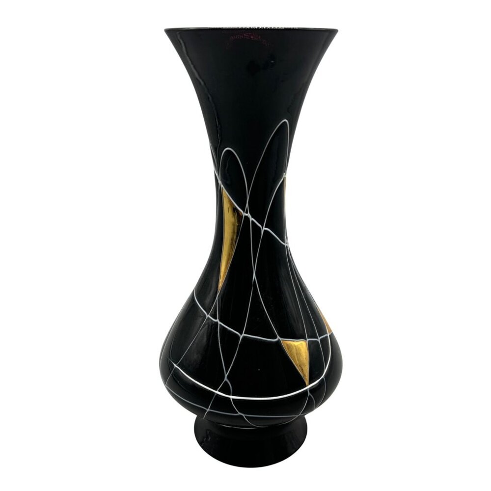 Vintage Black & Gold Art Deco Vase Abstract Design embossed fluted 9.5" READ